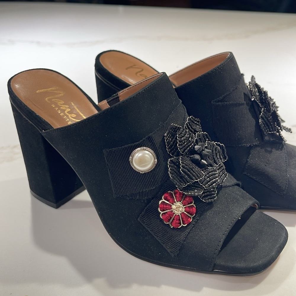 Nanette Lepore Marsha 4” Heel Open Toe, Black, Red details,Size 7M